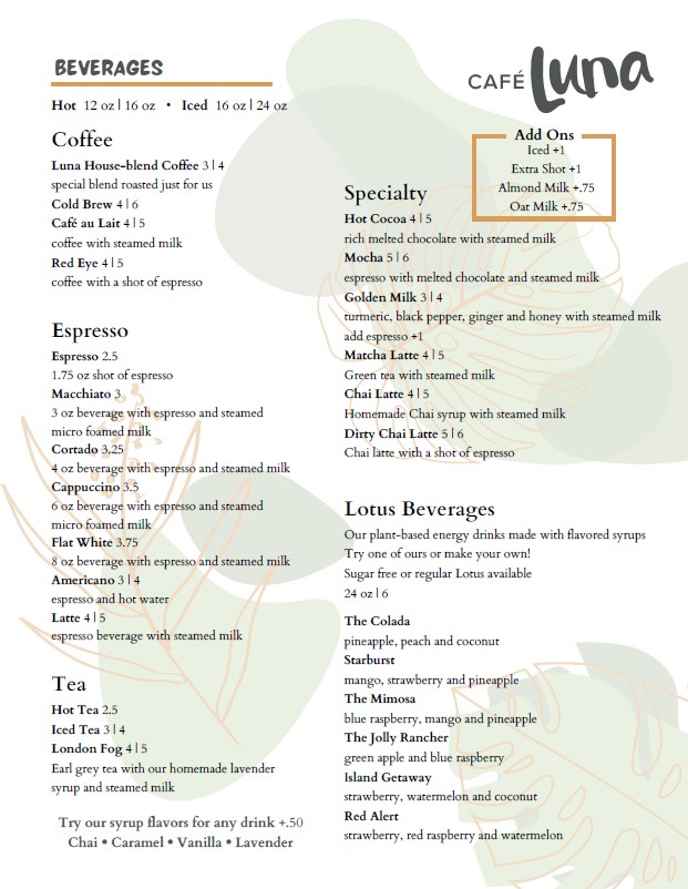Menu Cafe Luna