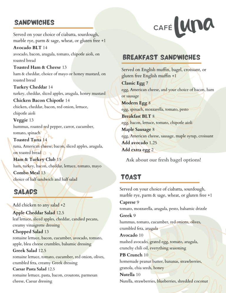Scarborough Menu Cafe Luna